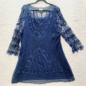 Tunic Top Size 3X Crochet Navy Unconventional Lace Lagenlook Luxury Old Money